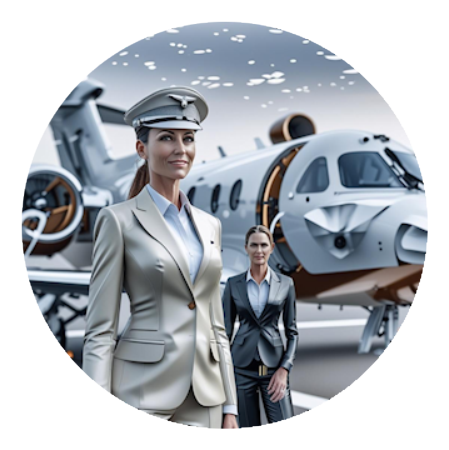 Privatpilot und Bordcrew vor Businessjet am Flughafen<br />