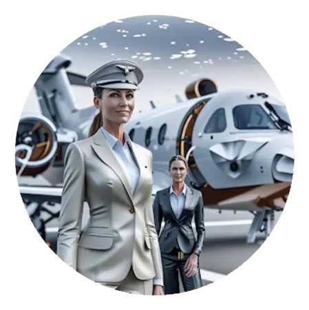 Privatpilot und Bordcrew vor Businessjet am Flughafen<br />